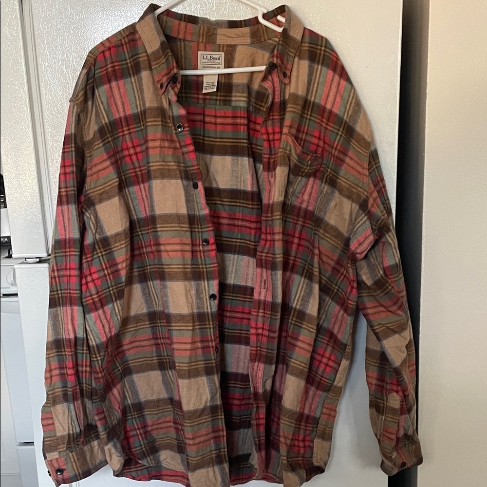L.L. Bean Men's XXXL‎ Regular Casual Plaid Button Up Shirt - Red Tan 100% Cotton